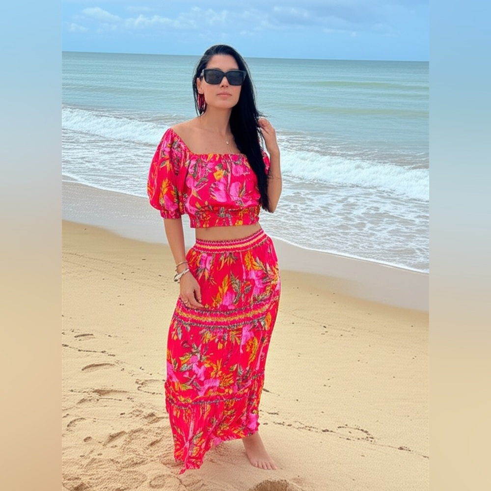 Tropical Pink and Orange Maxi Skirt Set for Resort/Vacation/Every Day Wear